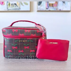 STEVE MADDEN Cosmetic Bag Travel Train Case - Brown Cherry Hearts